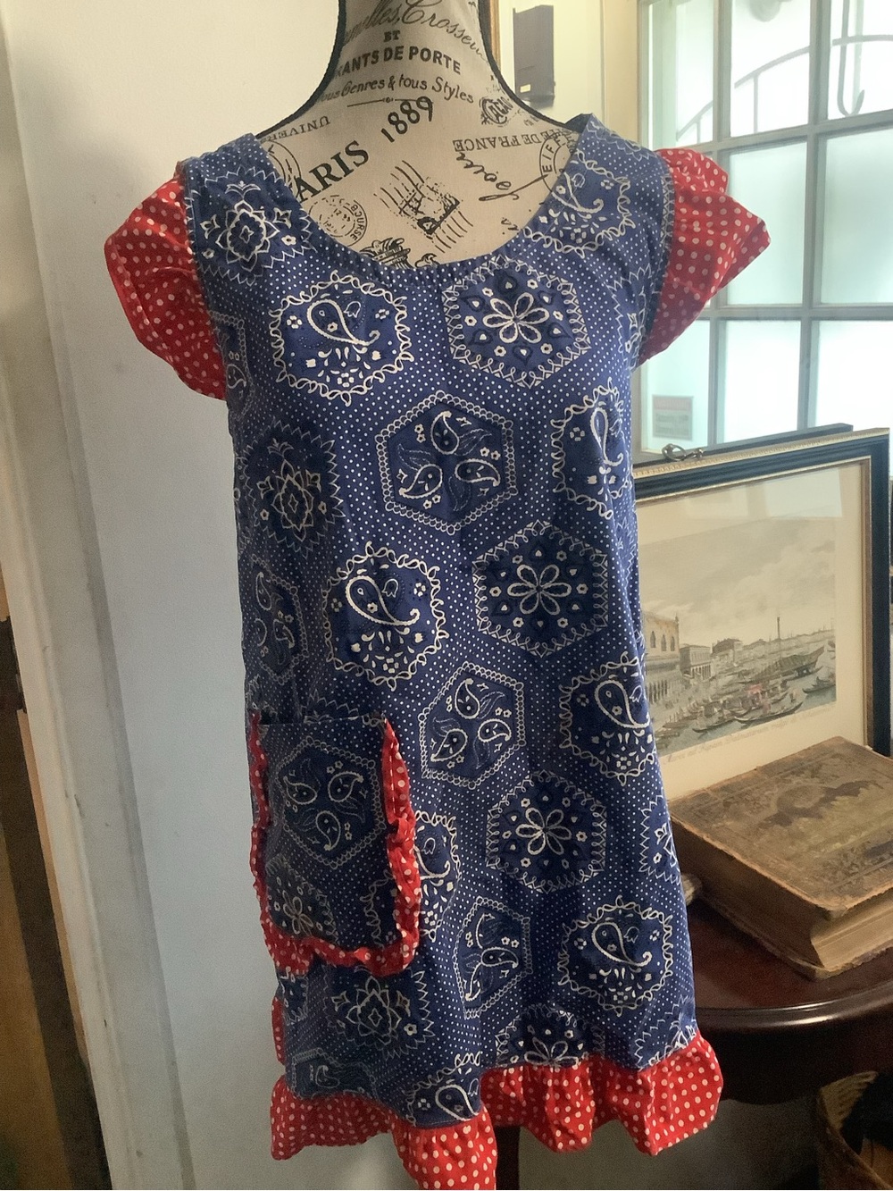 Vintage Blue Bandana Print Apron with Red Polka Dot Trim